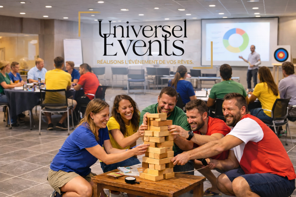 Groupe de personnes participant à un jeu de construction en équipe avec des blocs en bois dans un environnement de bureau.