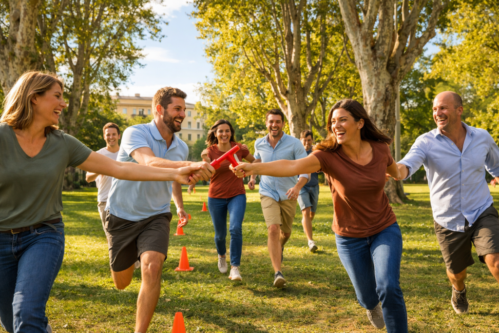 Groupe de personnes courant dans un parc pendant un événement