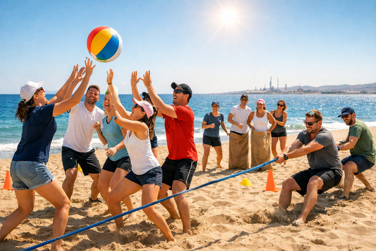 Des personnes jouant à un jeu de plage avec un ballon coloré.