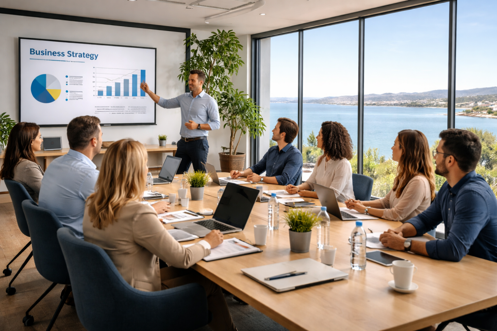 Une réunion d'affaires avec un homme présentant une stratégie sur un écran.