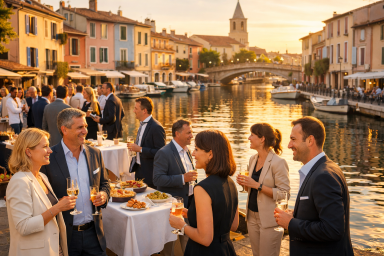 Groupe de personnes en train de célébrer au bord d'un canal lors d'un événement.