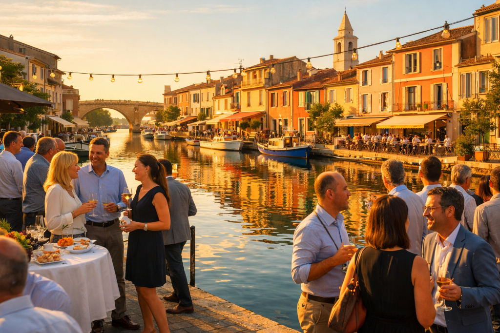 Groupe de personnes célébrant au bord d'un canal en soirée.