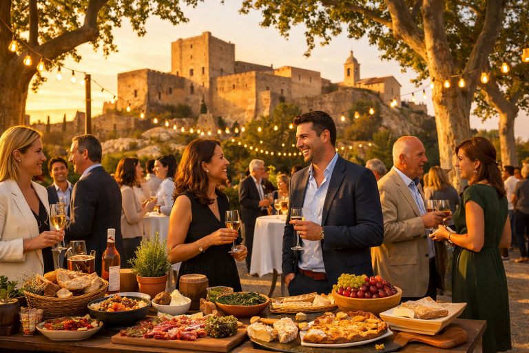 Groupe de personnes partageant un moment convivial autour d'un buffet en extérieur