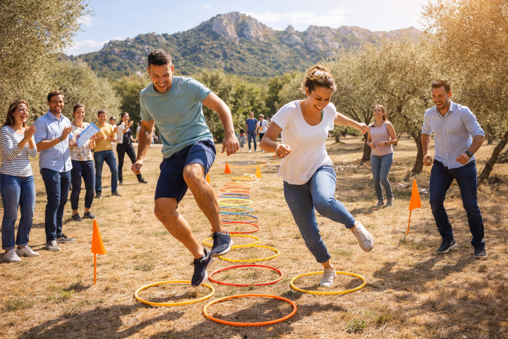 Des participants s'amusent à sauter dans des cerceaux colorés lors d'un événement en plein air.