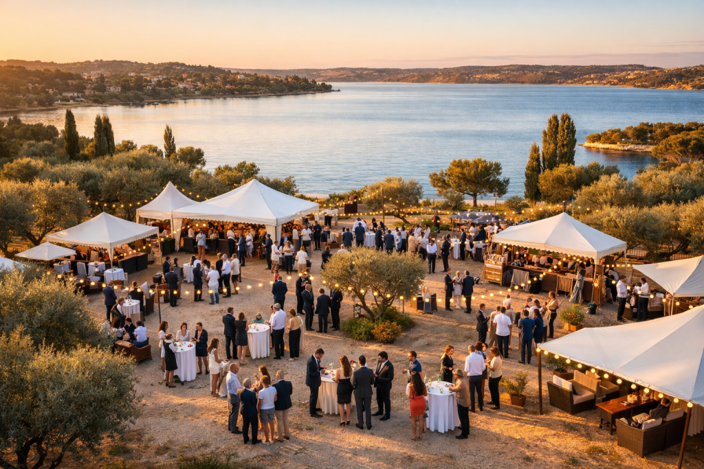 Vue d'un événement en plein air au bord d'un lac avec des invités et des tentes blanches