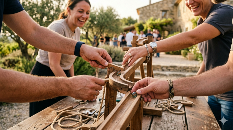 Des personnes s'amusent à créer des objets en bois lors d'un événement.