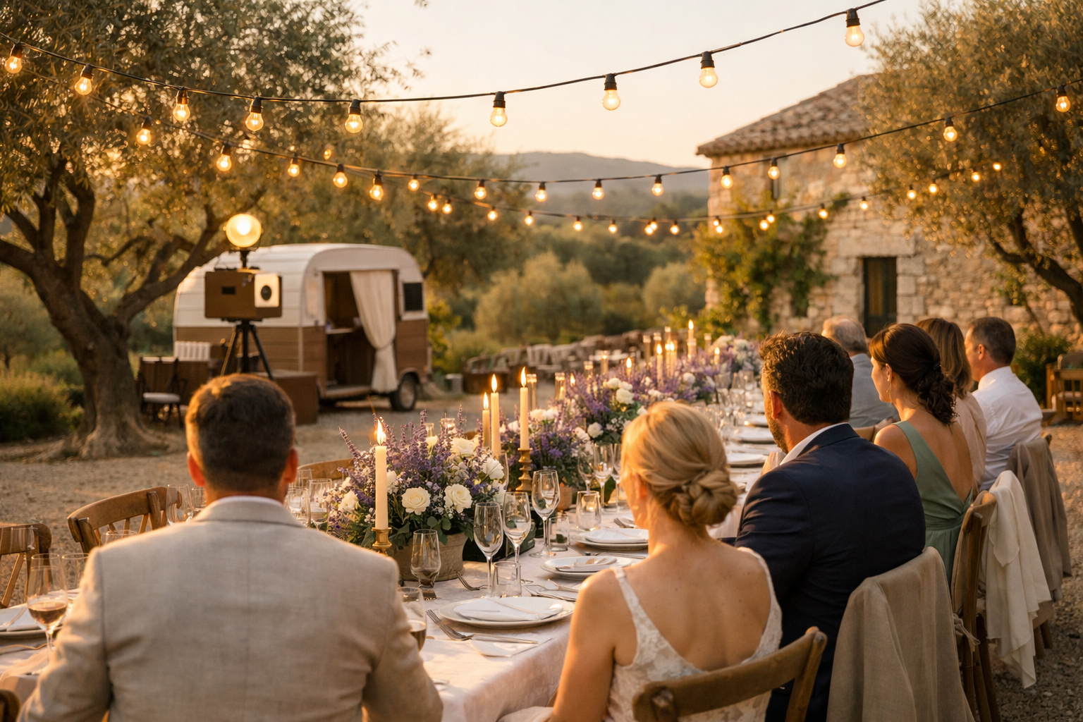 Réception de mariage élégante en plein air en Provence avec guirlandes lumineuses et décoration florale