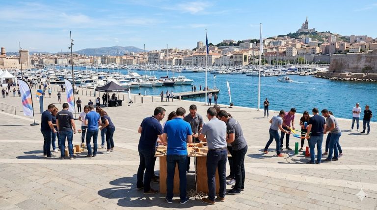 Groupe de personnes participant à une activité au port de Marseille