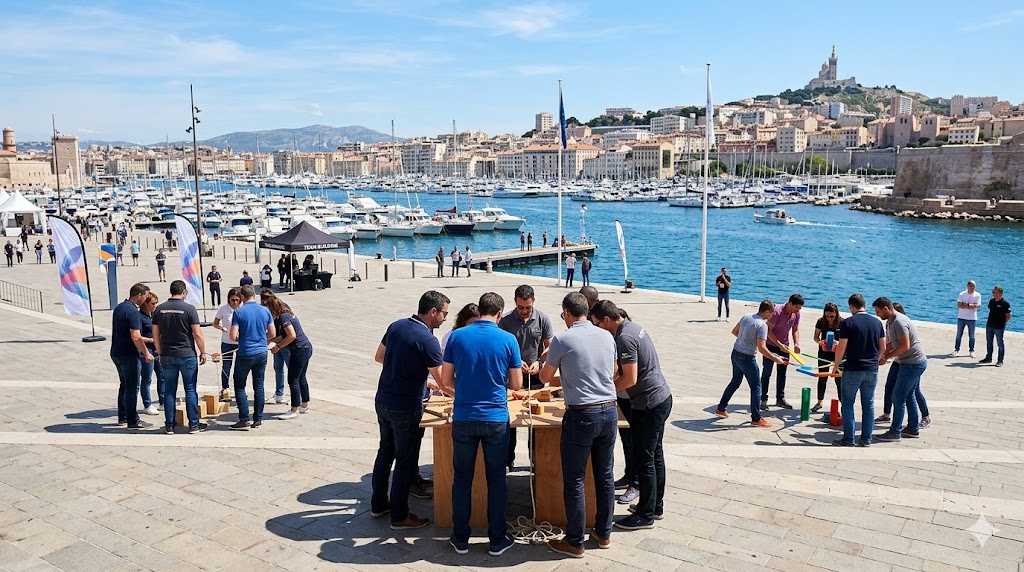 Groupe de personnes participant à une activité au port de Marseille