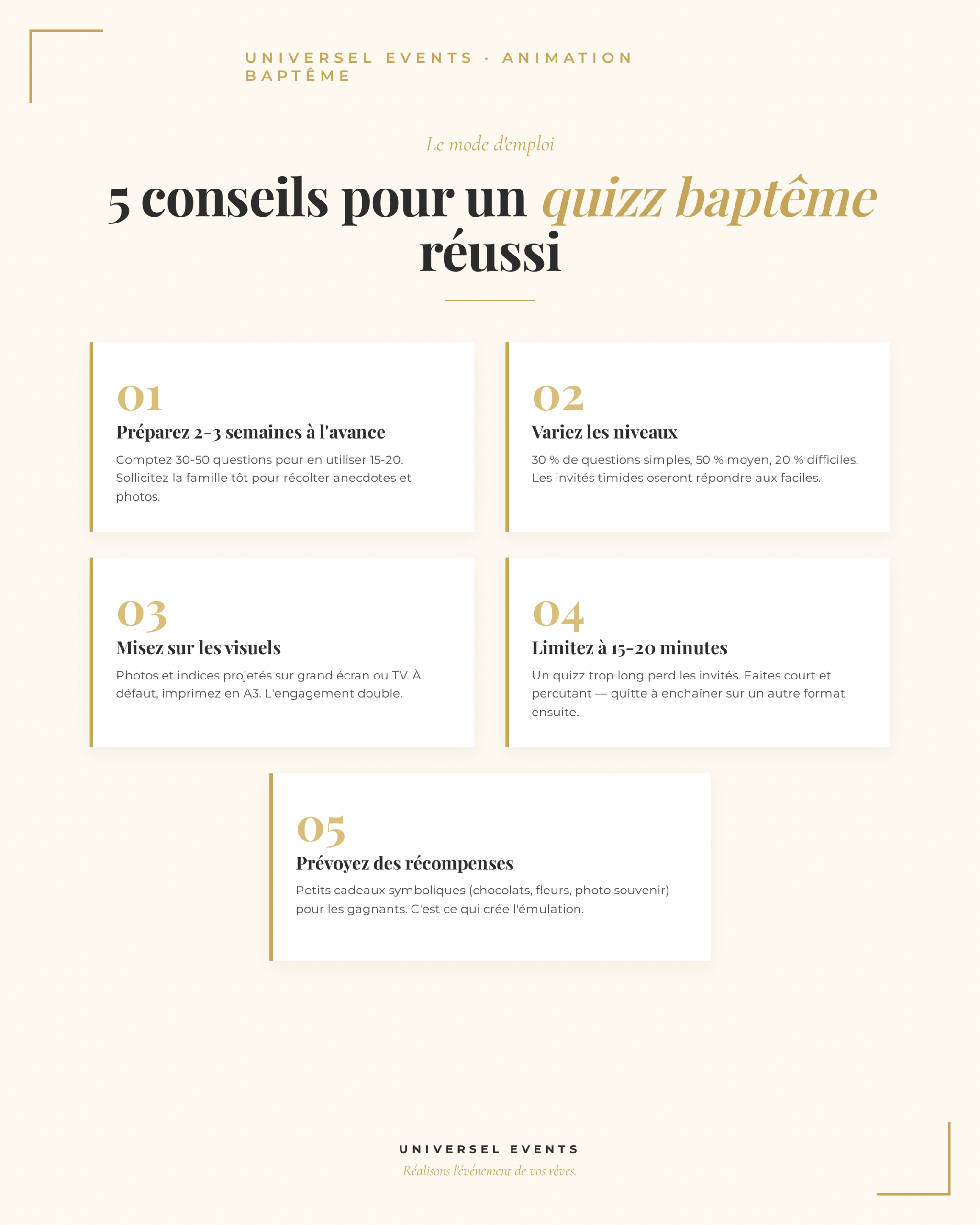Infographie : 5 conseils pratiques pour réussir un quizz d'animation baptême en PACA