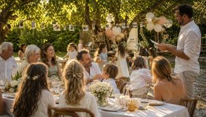 Famille de 3 générations qui rit et joue lors d'un quizz d'animation baptême en Provence