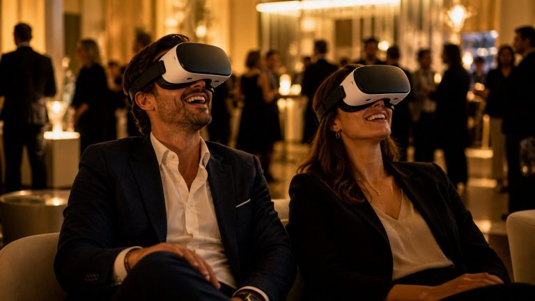 Participants avec casques VR Meta Quest 3 lors d'une soirée d'entreprise haut de gamme en PACA - Universel Events