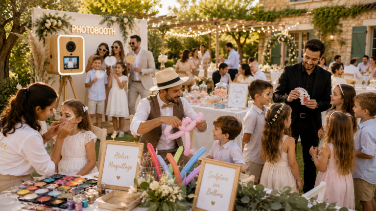 Un événement festif avec des enfants participant à des activités diverses.