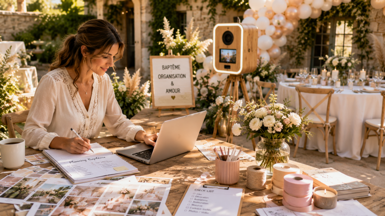 Femme planifiant un baptême avec un ordinateur portable et des documents.