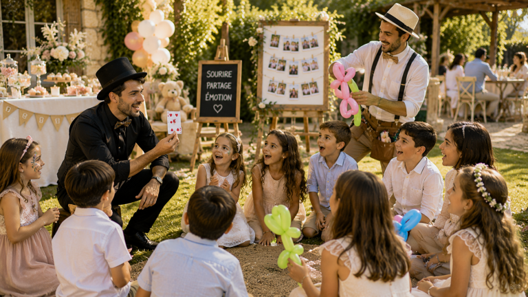 Un magicien montre une carte à des enfants émerveillés lors d'un événement.