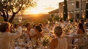 Réception de mariage en plein air en Provence au coucher du soleil, été événementiel en PACA